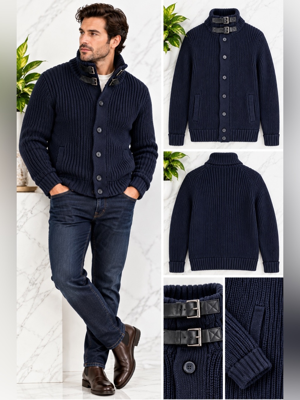 KENNETH COLE - Turtleneck Sweater Cardigan with Leather Buckles